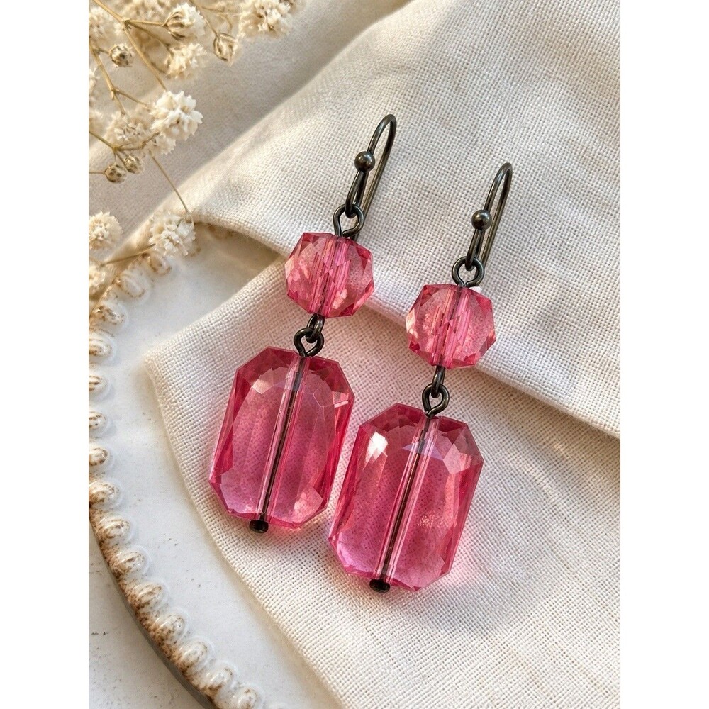 Vintage 1960s Pink Faceted Lucite Drop Earrings Retro Dangle Antique Bronze